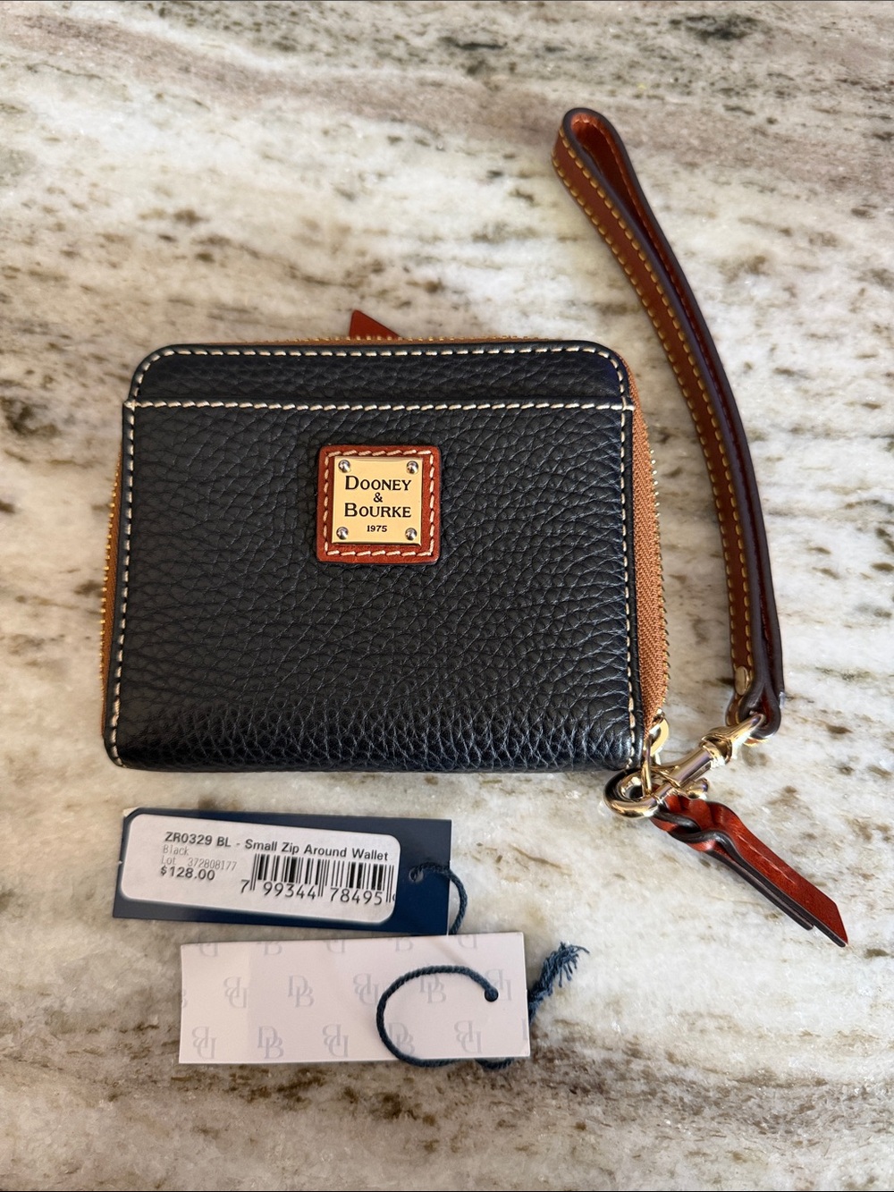 Dooney & Bourke Black Pebbled Leather Zip Wristlet with Tan Trim
